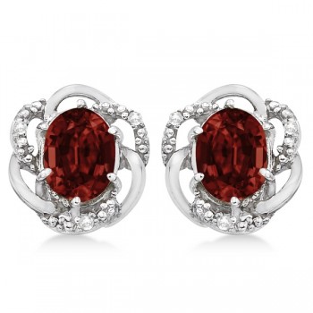 Oval Shaped Red Garnet & Diamond Earrings in 14K White Gold (3.05ct)