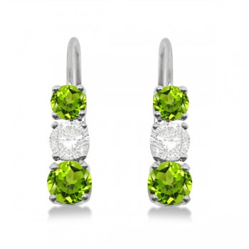 Three-Stone Leverback Diamond & Peridot Earrings 14k White Gold (1.00ct)