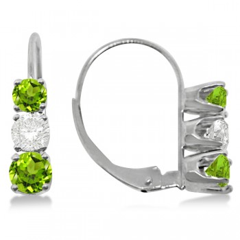 Three-Stone Leverback Diamond & Peridot Earrings 14k White Gold (2.00ct)
