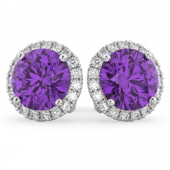 Halo Round Amethyst & Diamond Earrings 14k White Gold (4.17ct)