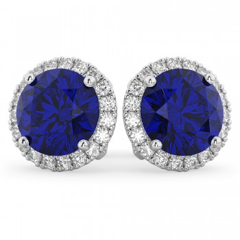 Halo Round Blue Sapphire & Diamond Earrings 14k White Gold (5.17ct)