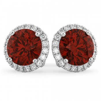 Halo Round Garnet & Diamond Earrings 14k White Gold (5.57ct)