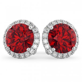 Halo Round Lab Ruby & Diamond Earrings 14k White Gold (5.17ct)