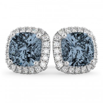 Halo Cushion Gray Spinel & Diamond Earrings 14k White Gold (4.04ct)