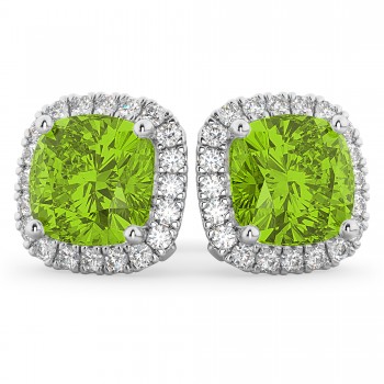 Halo Cushion Peridot & Diamond Earrings 14k White Gold (4.04ct)