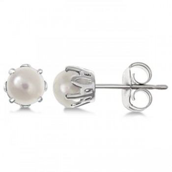 White Pearl Stud Earrings Sterling Silver Prong Set (5mm)