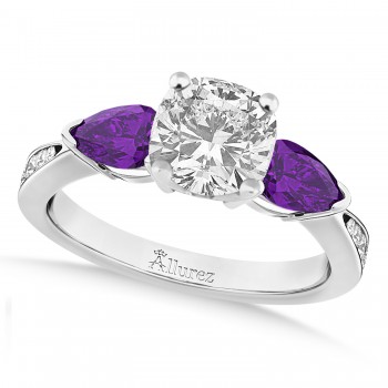 Cushion Diamond & Pear Amethyst Engagement Ring 14k White Gold (1.29ct)