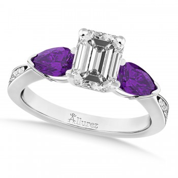 Emerald Diamond & Pear Amethyst Engagement Ring 14k White Gold (1.29ct)