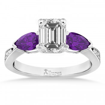 Emerald Diamond & Pear Amethyst Engagement Ring 14k White Gold (1.29ct)