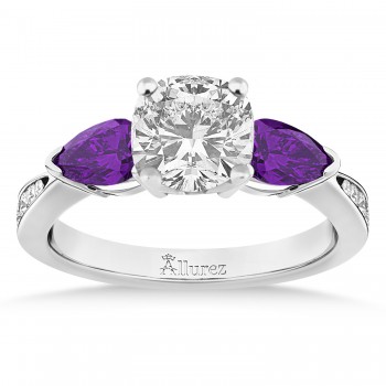 Cushion Diamond & Pear Amethyst Engagement Ring 14k White Gold (1.79ct)