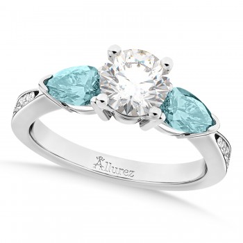 Round Diamond & Pear Aquamarine Engagement Ring 14k White Gold (1.29ct)