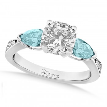 Cushion Diamond & Pear Aquamarine Engagement Ring 14k White Gold (1.79ct)