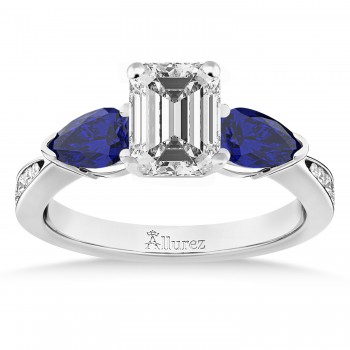 Emerald Diamond & Pear Blue Sapphire Engagement Ring 14k White Gold (1.29ct)