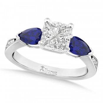 Princess Diamond & Pear Blue Sapphire Engagement Ring 14k White Gold (1.29ct)