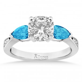 Cushion Diamond & Pear Blue Topaz Engagement Ring 14k White Gold (1.29ct)