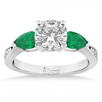 Cushion Diamond & Pear Green Emerald Engagement Ring 14k White Gold (1.79ct)