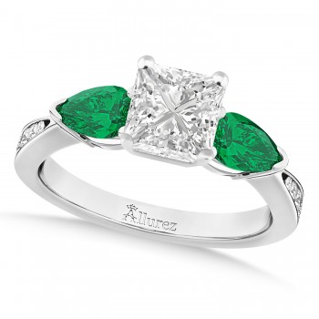 Princess Diamond & Pear Green Emerald Engagement Ring 14k White Gold (1.79ct)