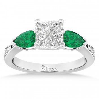 Princess Diamond & Pear Green Emerald Engagement Ring 14k White Gold (1.79ct)