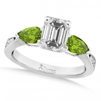 Emerald Diamond & Pear Peridot Engagement Ring 14k White Gold (1.29ct)