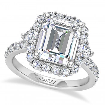 Emerald Cut Moissanite & Round Lab Grown Diamond Halo Engagement Ring 14K White Gold (3.90ct)