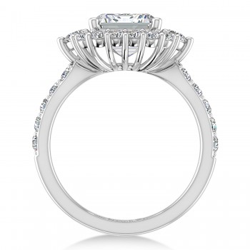 Emerald Cut Moissanite & Round Lab Grown Diamond Halo Engagement Ring 14K White Gold (3.90ct)