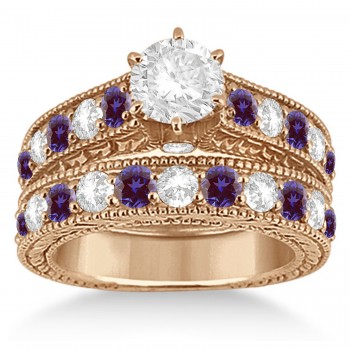 Antique Diamond & Lab Alexandrite Bridal Ring Set 14k Rose Gold (2.87ct)