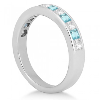 Channel Aquamarine & Diamond Wedding Ring 14k White Gold (0.70ct)