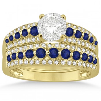 Three-Row Blue Sapphire & Diamond Bridal Set 14k Yellow Gold (1.18ct)