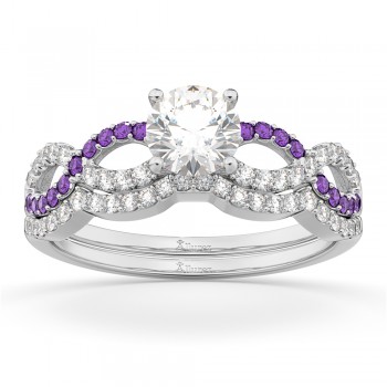 Infinity Diamond & Amethyst Engagement Ring Set 14k White Gold 0.34ct