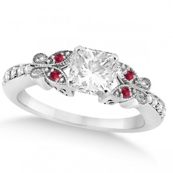 Princess Diamond & Ruby Butterfly Engagement Ring 14k White Gold (1.50ct)
