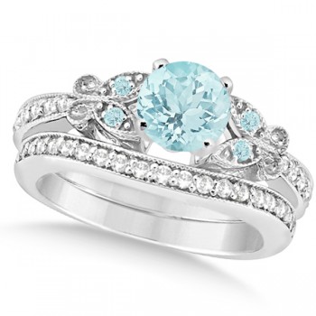 Preset Butterfly Aquamarine & Diamond Bridal Set 14k White Gold 1.45ct