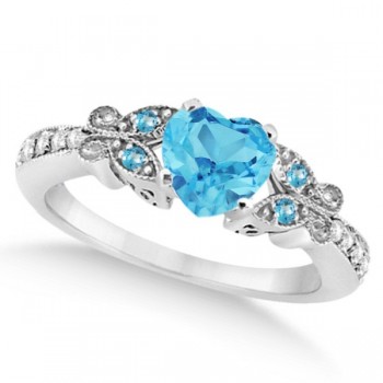 Butterfly Blue Topaz & Diamond Heart Engagement Ring 14K W Gold 1.33ct