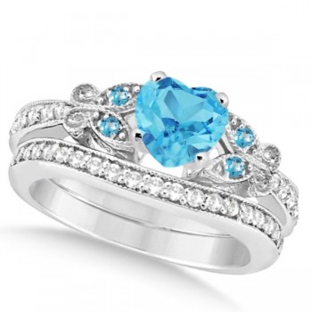 Butterfly Blue Topaz & Diamond Heart Bridal Set 14k W Gold 1.55ct