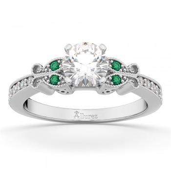 Butterfly Diamond & Emerald Engagement Ring 14k White Gold (0.20ct)