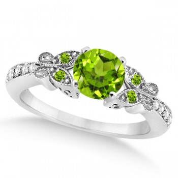 Butterfly Genuine Peridot & Diamond Engagement Ring 14K W. Gold 1.11ct