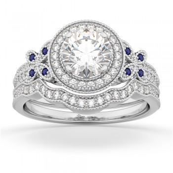Butterfly Diamond & Sapphire Engagement Set 14k White Gold (0.50ct)