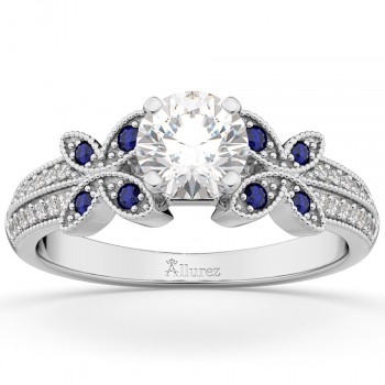 Diamond & Blue Sapphire Butterfly Engagement Ring 18K White Gold
