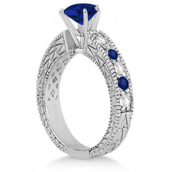 Diamond & Blue Sapphire Vintage Engagement Ring in 14k White Gold (1.75ct)