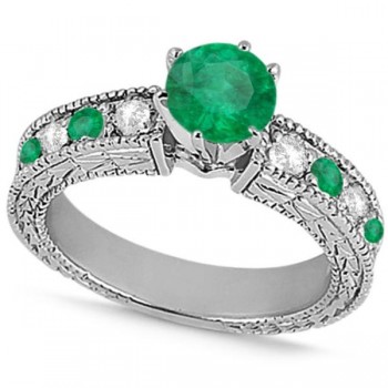 Diamond & Emerald Vintage Engagement Ring in 14k White Gold (1.75ct)
