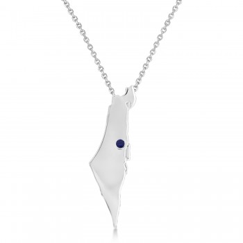 Blue Sapphire Israel Map Pendant Necklace 14K White Gold (0.01ct)