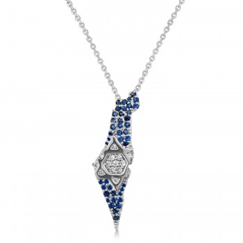 Diamond & Blue Sapphire Jewish Star Israel Map Pendant Necklace 14K White Gold (0.49ct)