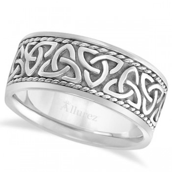Men's Hand Made Celtic Irish Wedding Ring 14k White Gold (10mm)