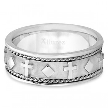 Handmade Wedding Band With Crosses in 14k White Gold (8.5mm)