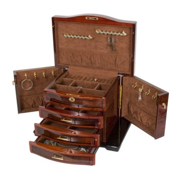 Burlwood Inlay Jewelry Chest w Necklace Hooks & Espresso Faux Suede Burlwood Inlay Jewelry Chest w Necklace Hooks & Espresso Faux Suede