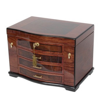 Burlwood Inlay Jewelry Chest w Necklace Hooks & Espresso Faux Suede