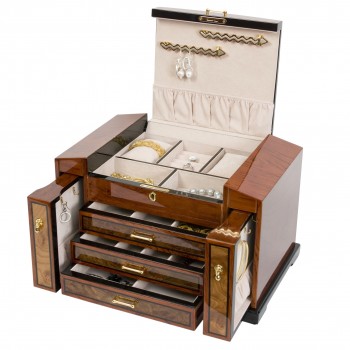 Bubinga Jewelry Chest w Elm Burl Trim w 3 Drawers & 2 Watch Pillows