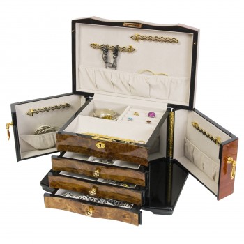 Elm Burl Inlay Bubinga Jewelry Chest w Multiple Compartments