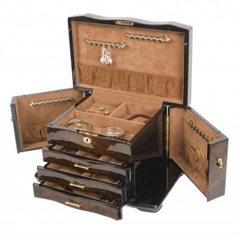 Walnut Burl Jewelry Box w 3 Pull-out Drawers & 2 Swing-out Doors