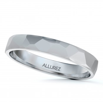 Carved Hammered Finish Wedding Ring Band 14k White Gold (3mm)