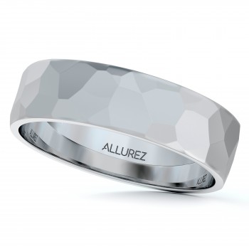 Men's Hammered Finished Carved Band Wedding Ring 14k White Gold (5mm)